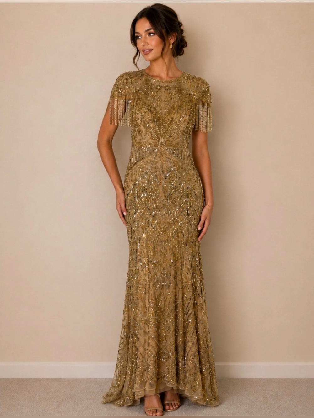 MAC DUGGAL
Gold Embellished Fringe Cap Sleeve Trumpet
Gown Size 14
